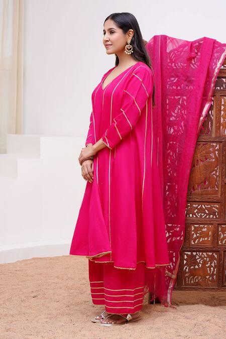 Nero India Fuchsia Cotton Satin Gota Patti V-neck Work Panelled Anarkali And Pant Set Online at Aza Fashions Nero India_Fuchsia Cotton Satin Gota Patti V-neck Work Panelled Anarkali And Pant Set_Online_at_Aza_Fashions