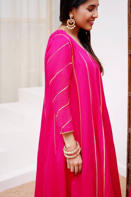 Buy Nero India Fuchsia Cotton Satin Gota Patti V-neck Work Panelled Anarkali And Pant Set Online at Aza Fashions Buy_Nero India_Fuchsia Cotton Satin Gota Patti V-neck Work Panelled Anarkali And Pant Set_Online_at_Aza_Fashions