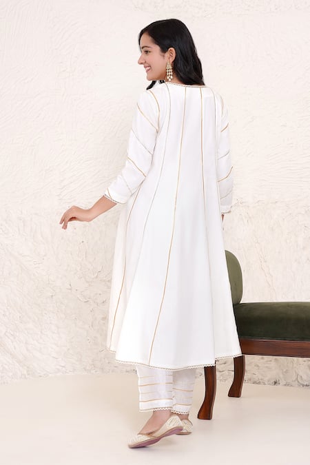 Nero India Ivory Cotton Satin, Chanderi Gota Patti Work Panelled Anarkali And Pant Set Online at Aza Fashions Nero India_Ivory Cotton Satin, Chanderi Gota Patti Work Panelled Anarkali And Pant Set _Online_at_Aza_Fashions