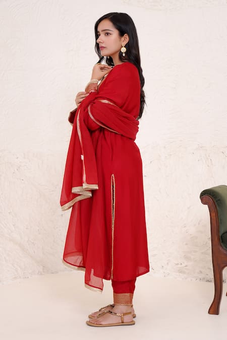 Buy Nero India Red Silk, Modal Gota Patti, Zari Round Neck Embroidered Yoke Kurta And Pant Set Online at Aza Fashions Buy_Nero India_Red Silk, Modal Gota Patti, Zari Round Neck Embroidered Yoke Kurta And Pant Set _Online_at_Aza_Fashions