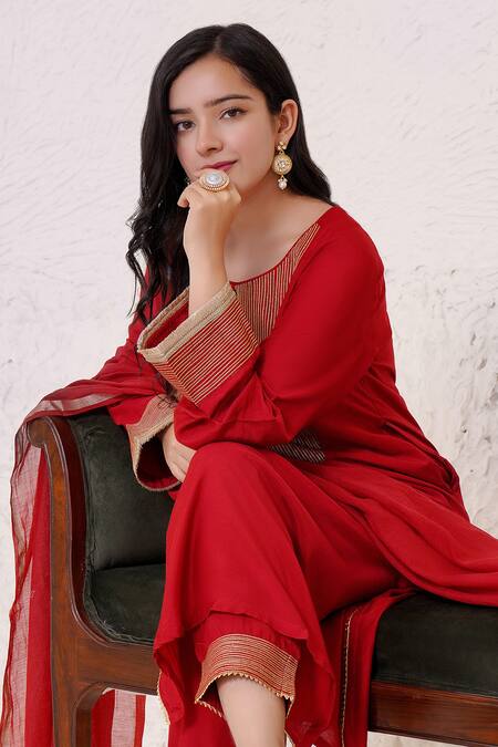 Shop Nero India Red Silk, Modal Gota Patti, Zari Round Neck Embroidered Yoke Kurta And Pant Set Online at Aza Fashions Shop_Nero India_Red Silk, Modal Gota Patti, Zari Round Neck Embroidered Yoke Kurta And Pant Set _Online_at_Aza_Fashions