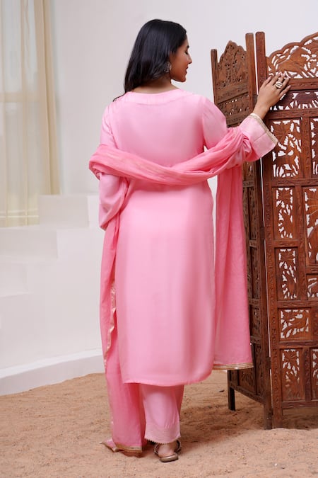 Nero India Pink Silk, Modal Gota Patti, Zari Round Neck Embroidered Yoke Kurta With Pant Online at Aza Fashions Nero India_Pink Silk, Modal Gota Patti, Zari Round Neck Embroidered Yoke Kurta With Pant _Online_at_Aza_Fashions