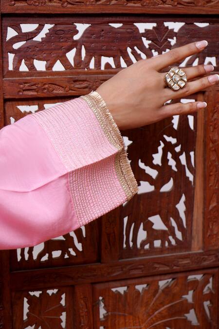 Shop Nero India Pink Silk, Modal Gota Patti, Zari Round Neck Embroidered Yoke Kurta With Pant Online at Aza Fashions Shop_Nero India_Pink Silk, Modal Gota Patti, Zari Round Neck Embroidered Yoke Kurta With Pant _Online_at_Aza_Fashions