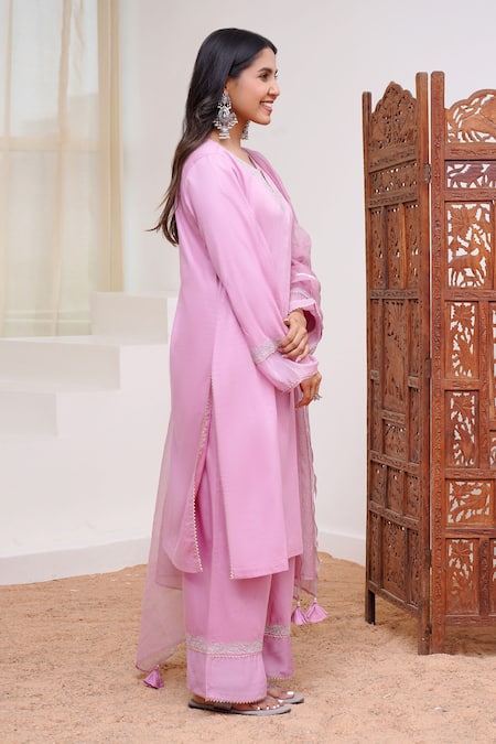 Buy_Nero India_Purple Cotton Satin Gota Patti, Zari Round Dori Embroidered Kurta And Pant Set _Online_at_Aza_Fashions