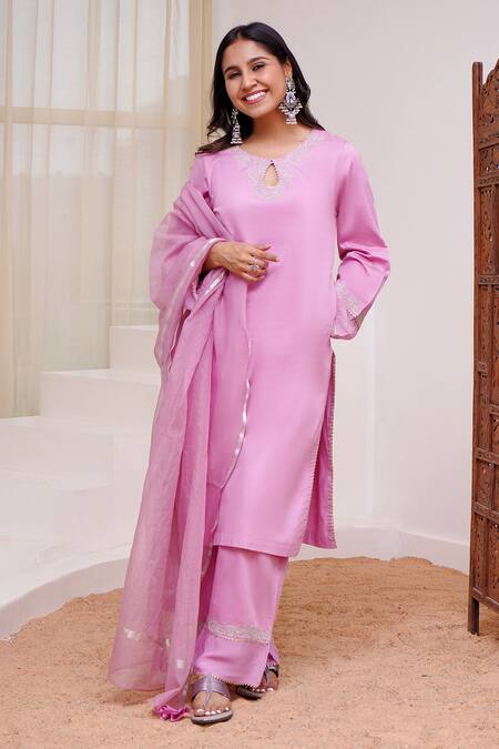 Shop_Nero India_Purple Cotton Satin Gota Patti, Zari Round Dori Embroidered Kurta And Pant Set _Online_at_Aza_Fashions
