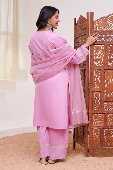 Nero India_Purple Cotton Satin Gota Patti, Zari Round Dori Embroidered Kurta And Pant Set _Online_at_Aza_Fashions