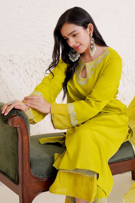 Buy Nero India Green Cotton Satin Gota Patti, Zari Round Neck Dori Embroidered Kurta With Pant Online at Aza Fashions Buy_Nero India_Green Cotton Satin Gota Patti, Zari Round Neck Dori Embroidered Kurta With Pant _Online_at_Aza_Fashions