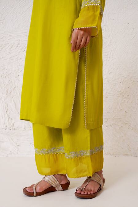 Shop Nero India Green Cotton Satin Gota Patti, Zari Round Neck Dori Embroidered Kurta With Pant Online at Aza Fashions Shop_Nero India_Green Cotton Satin Gota Patti, Zari Round Neck Dori Embroidered Kurta With Pant _Online_at_Aza_Fashions