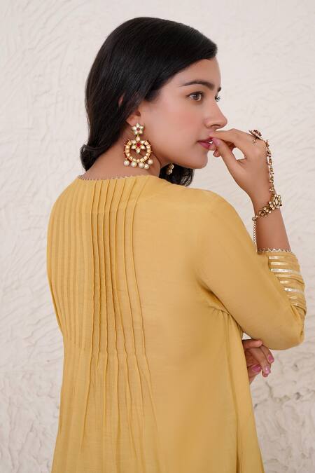 Shop Nero India Gold Silk, Modal, Chanderi Gota Patti, Pintucked Kurta And Wide Leg Pant Set Online at Aza Fashions Shop_Nero India_Gold Silk, Modal, Chanderi Gota Patti, Pintucked Kurta And Wide Leg Pant Set _Online_at_Aza_Fashions