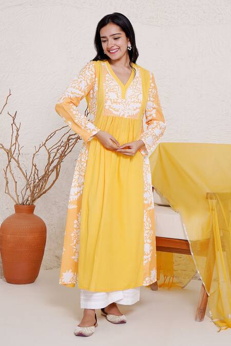 Buy Nero India Yellow Cotton Beads, Embroidery V-neck Floral Print Gathered Kurta And Pant Set Online at Aza Fashions Buy_Nero India_Yellow Cotton Beads, Embroidery V-neck Floral Print Gathered Kurta And Pant Set _Online_at_Aza_Fashions