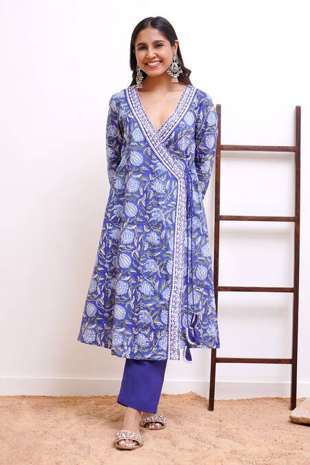 Buy Nero India Blue Cotton, Net, Satin Tassels, Embroidery Chintz Print Angarkha Pant Set Online at Aza Fashions Buy_Nero India_Blue Cotton, Net, Satin Tassels, Embroidery Chintz Print Angarkha Pant Set _Online_at_Aza_Fashions
