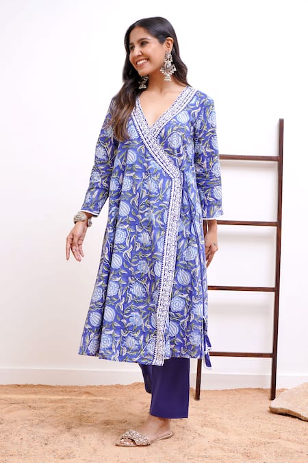 Nero India Blue Cotton, Net, Satin Tassels, Embroidery Chintz Print Angarkha Pant Set Online at Aza Fashions Nero India_Blue Cotton, Net, Satin Tassels, Embroidery Chintz Print Angarkha Pant Set _Online_at_Aza_Fashions