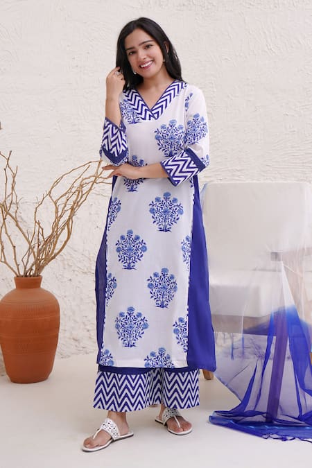 Hand block cotton kurta store in blue color with lace detailings with cotton dupatta and cotton printed pants