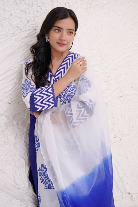 Buy Nero India Blue Cotton, Satin Embroidery, Lace Floral Hand Block Print Kurta Pant Set Online at Aza Fashions Buy_Nero India_Blue Cotton, Satin Embroidery, Lace Floral Hand Block Print Kurta Pant Set _Online_at_Aza_Fashions