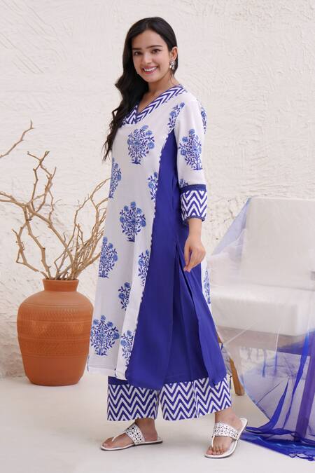 Shop Nero India Blue Cotton, Satin Embroidery, Lace Floral Hand Block Print Kurta Pant Set Online at Aza Fashions Shop_Nero India_Blue Cotton, Satin Embroidery, Lace Floral Hand Block Print Kurta Pant Set _Online_at_Aza_Fashions