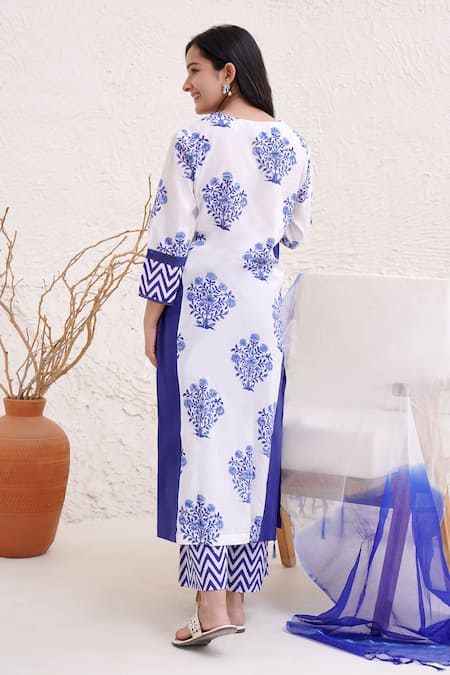 Nero India Blue Cotton, Satin Embroidery, Lace Floral Hand Block Print Kurta Pant Set Online at Aza Fashions Nero India_Blue Cotton, Satin Embroidery, Lace Floral Hand Block Print Kurta Pant Set _Online_at_Aza_Fashions