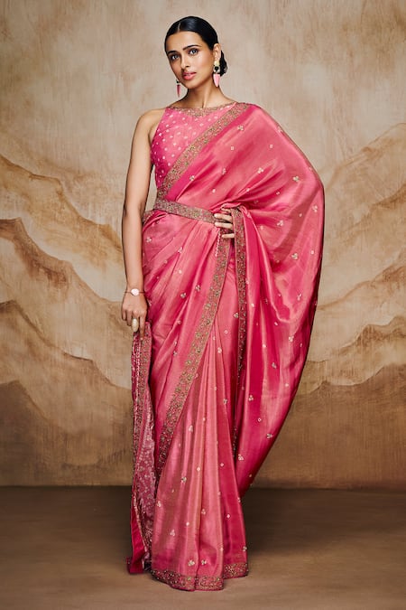 Label Varsha Pink Bandhani Placement Woven Saree With Blouse