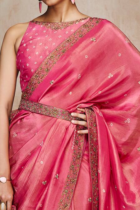 Label Varsha_Pink Viscose, Velvet Embroidery Boat Bandhani Placement Woven Saree With Blouse_Online_at_Aza_Fashions