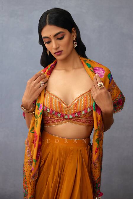 Torani_Yellow Embroidery Dil Seher Moiz Lotus Print Scarf _Online_at_Aza_Fashions