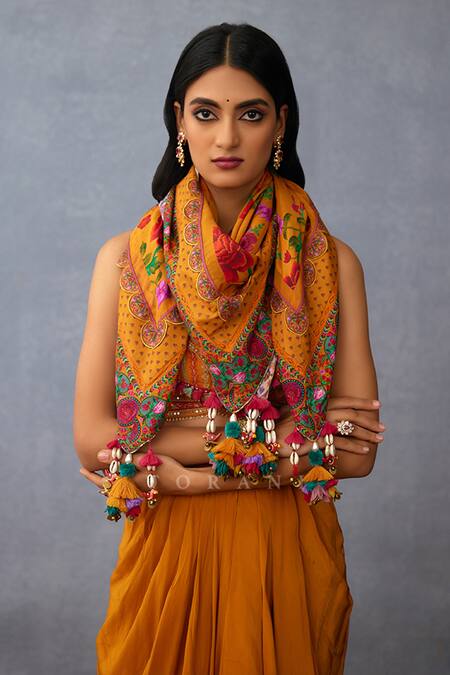Buy_Torani_Yellow Embroidery Dil Seher Moiz Lotus Print Scarf _Online_at_Aza_Fashions