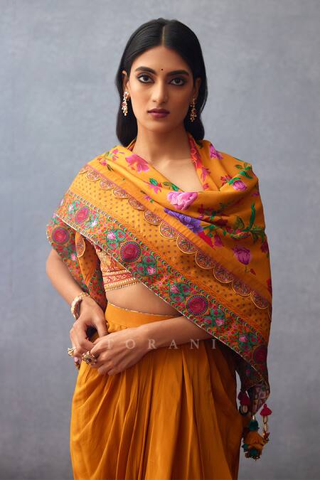 Shop_Torani_Yellow Embroidery Dil Seher Moiz Lotus Print Scarf _Online_at_Aza_Fashions