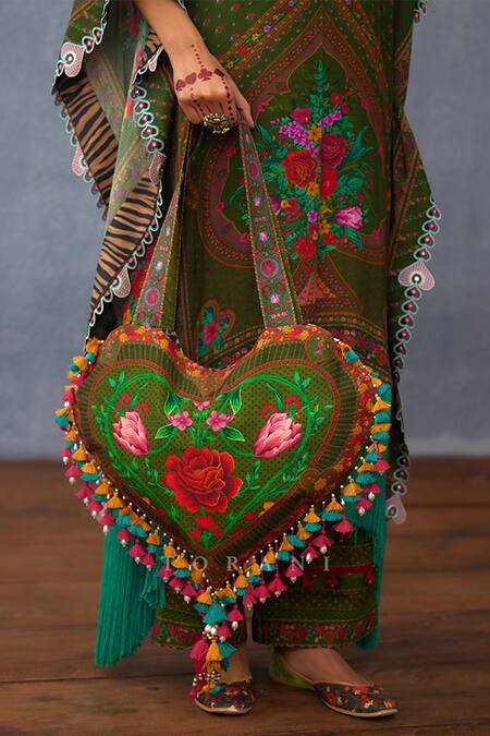 Torani Green Tassels, Embroidery Dil Saaz Marya Heart Print Bag Online at Aza Fashions Torani_Green Tassels, Embroidery Dil Saaz Marya Heart Print Bag _Online_at_Aza_Fashions