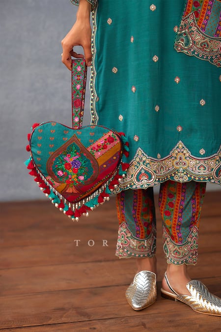 Buy_Torani_Blue Pearls, Embroidery Dil Nawaz Ruhi Print Potli Bag _Online_at_Aza_Fashions