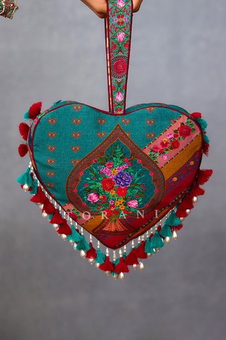 Shop_Torani_Blue Pearls, Embroidery Dil Nawaz Ruhi Print Potli Bag _Online_at_Aza_Fashions