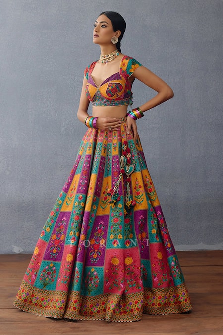 Buy_Torani_Multi Color Silk, Chiffon Tassels, Dil Rang Javeri Printed Lehenga Set _Online_at_Aza_Fashions