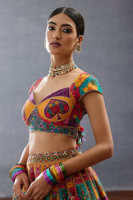 Shop_Torani_Multi Color Silk, Chiffon Tassels, Dil Rang Javeri Printed Lehenga Set _Online_at_Aza_Fashions