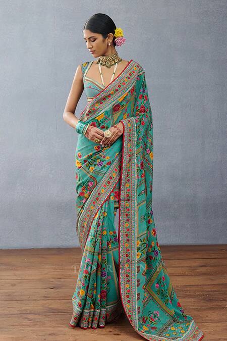 Torani_Blue Sequins, Embroidery Sweetheart Neck Dil Narwaz Mahasti Blouse _Online_at_Aza_Fashions