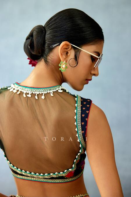 Shop_Torani_Black Jersey Embroidery, Lace Round Neck Dil Shaad Samira Floral Print Blouse _Online_at_Aza_Fashions