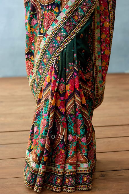 Torani_Black Chanderi Dil Shaad Samira Floral Geometric Print Saree _Online_at_Aza_Fashions