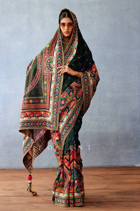 Shop_Torani_Black Chanderi Dil Shaad Samira Floral Geometric Print Saree _Online_at_Aza_Fashions