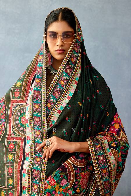 Torani_Black Chanderi Dil Shaad Samira Floral Geometric Print Saree _at_Aza_Fashions