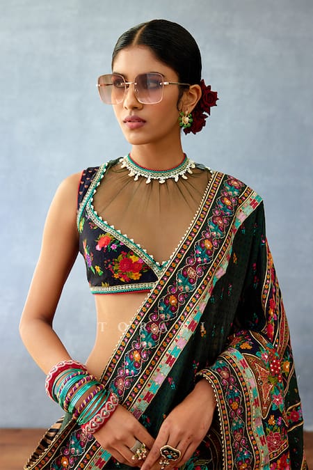 Buy_Torani_Black Chanderi Dil Shaad Samira Floral Geometric Print Saree 