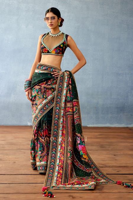 Shop_Torani_Black Chanderi Dil Shaad Samira Floral Geometric Print Saree 