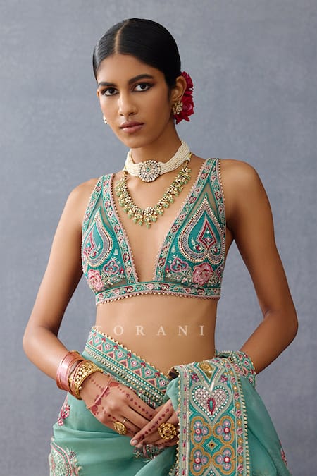 Torani Blue Butterfly Net Embroidered Resham Plunging V Dil Nawaz Rubeka Blouse