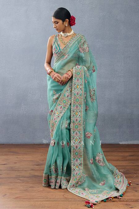 Torani_Blue Net Beads, Lace Plunge Neck Dil Nawaz Rubeka Blouse _Online_at_Aza_Fashions