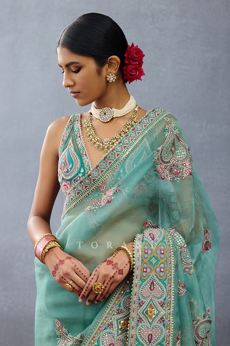 Buy_Torani_Blue Net Beads, Lace Plunge Neck Dil Nawaz Rubeka Blouse _Online_at_Aza_Fashions