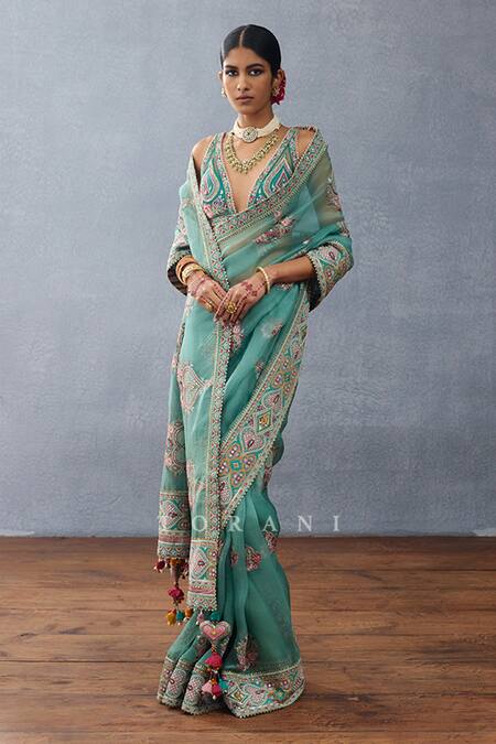 Shop_Torani_Blue Net Beads, Lace Plunge Neck Dil Nawaz Rubeka Blouse _Online_at_Aza_Fashions