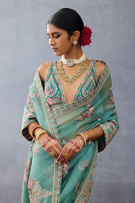 Torani_Blue Net Beads, Lace Plunge Neck Dil Nawaz Rubeka Blouse _at_Aza_Fashions