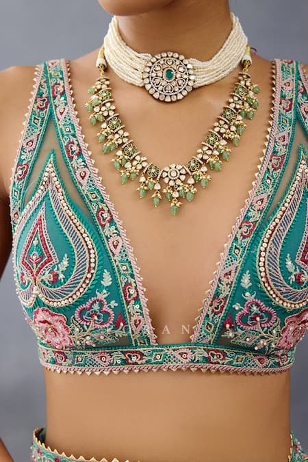 Shop_Torani_Blue Net Beads, Lace Plunge Neck Dil Nawaz Rubeka Blouse 