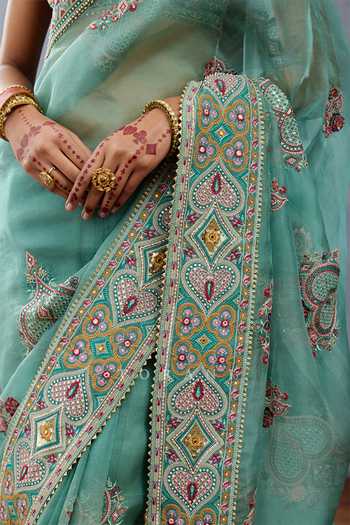 Shop_Torani_Blue Organza Sequins, Embroidery Dil Nawaz Rubeka Leaf Pattern Saree _Online_at_Aza_Fashions