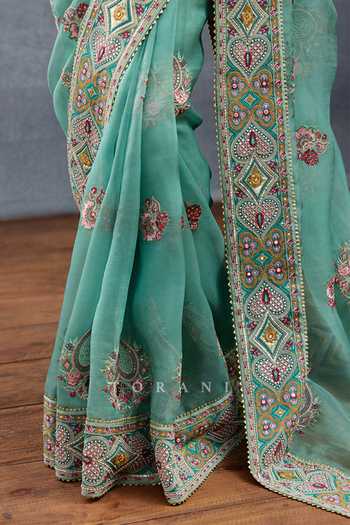 Torani_Blue Organza Sequins, Embroidery Dil Nawaz Rubeka Leaf Pattern Saree _at_Aza_Fashions