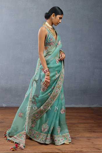 Buy_Torani_Blue Organza Sequins, Embroidery Dil Nawaz Rubeka Leaf Pattern Saree 