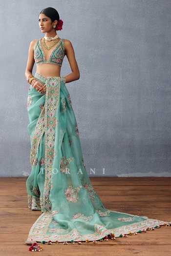 Shop_Torani_Blue Organza Sequins, Embroidery Dil Nawaz Rubeka Leaf Pattern Saree 