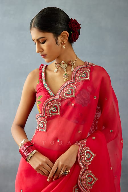 Shop_Torani_Red Organza Sequins, Embroidery Dil Surkh Samila Saree _Online_at_Aza_Fashions