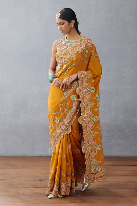 Torani_Yellow Silk Sequins, Embroidery Round Neck Dil Seker Amena Floral Print Blouse _Online_at_Aza_Fashions