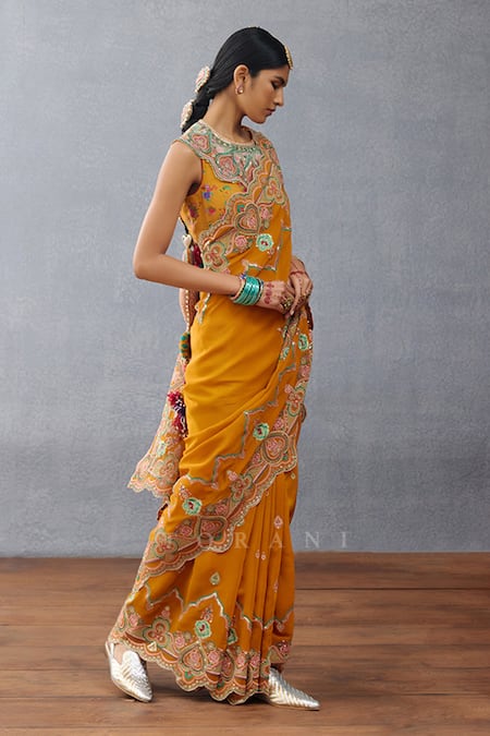 Buy_Torani_Yellow Silk Sequins, Embroidery Round Neck Dil Seker Amena Floral Print Blouse _Online_at_Aza_Fashions